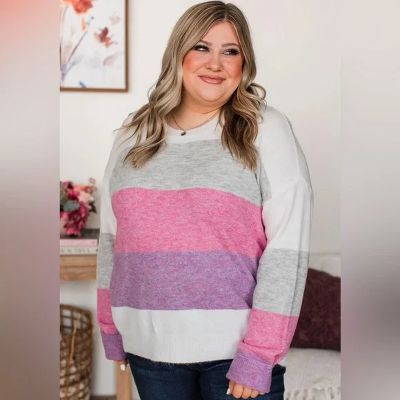 Colorblock Women’s Crew Neck Striped Pink, Purple, Gray Spring Sweater, Size M - Picture 5 of 12